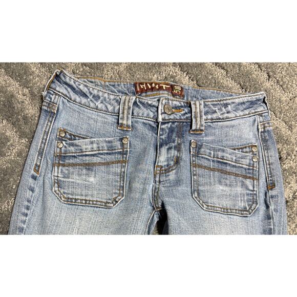 HINT Y2K flare leg denim jeans Womens distressed boho hippie Low Rise blue 27x32 - Picture 6 of 10
